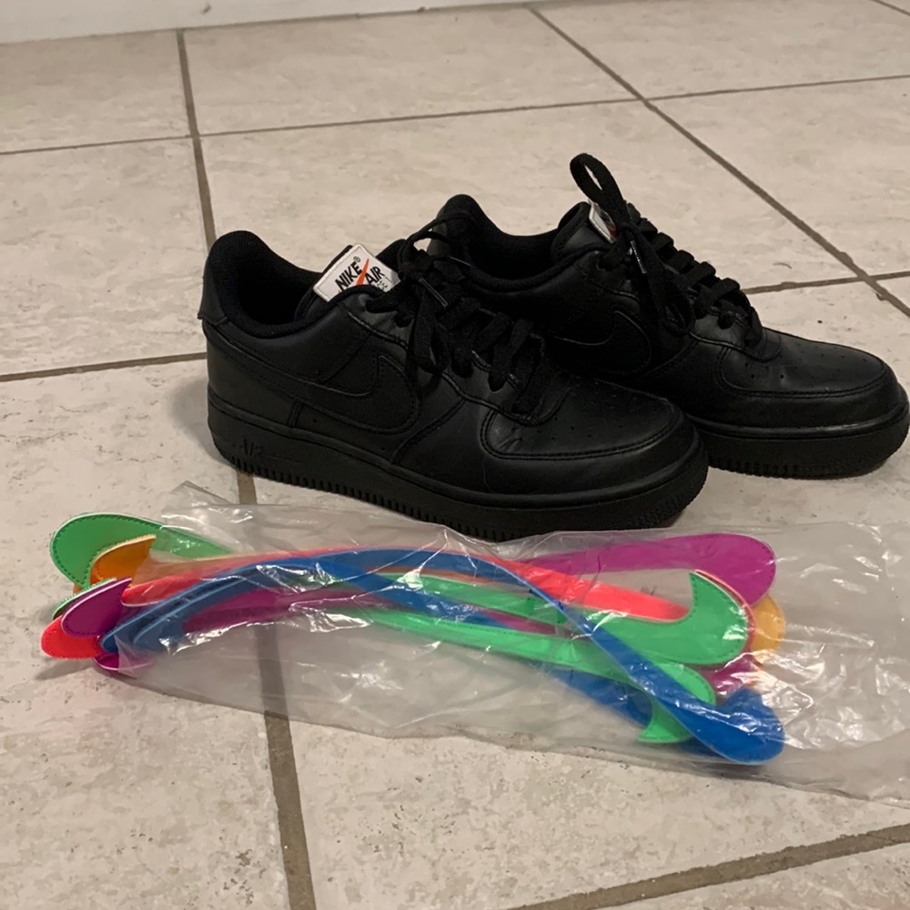 Black Air Force 1 with removable colorful velcro swooshes